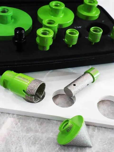 FACHLICH tile hole saw kit with 12 green diamond core drill bits and finger and beveling bits in a case