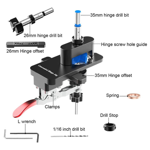 Concealed Hinge Jig With Quick Clamp, Includes 35mm And 26mm Drill Bits, Aluminum Cabinet Door Locator Tool With Depth Stop displayed