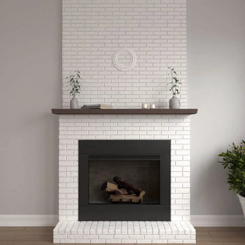 Claremont Ceiling Medallion Ten And Five Eighths Inch Outside Diameter Five And Three Quarter Inch Inside Diameter One Half Inch Projection Seven Inch Canopy Lightweight Primed For Easy Paint And Quick Installation on white brick wall above fireplace