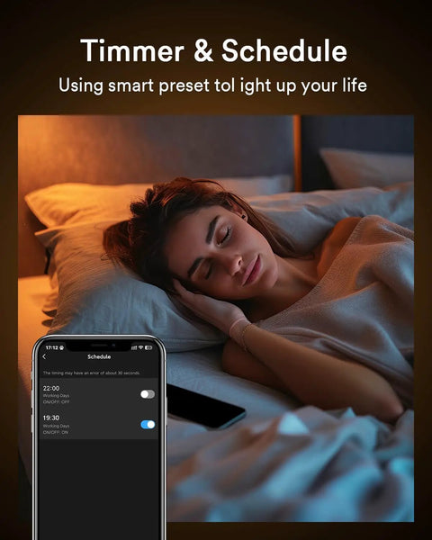 Woman relaxing in bed with Lumary Gimbal Smart Recessed Lighting 6 Inch w/Remote, RGBWW WiFi Can Light illuminating her space.