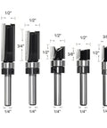 Five Piece Top Bearing Flush Trim Router Bit Set With Carbide Tipped 1/4 Inch Shank For Pattern And Template Routing Engraving And Edge Trimming Pro Grade With Five Sizes 1/4 By 3/8 By 1/2, 1/4 By 1/2 By 3/8, 1/4 By 1/2 By 1/2, 1/4 By 1/2 By 3/4, 1/4 By