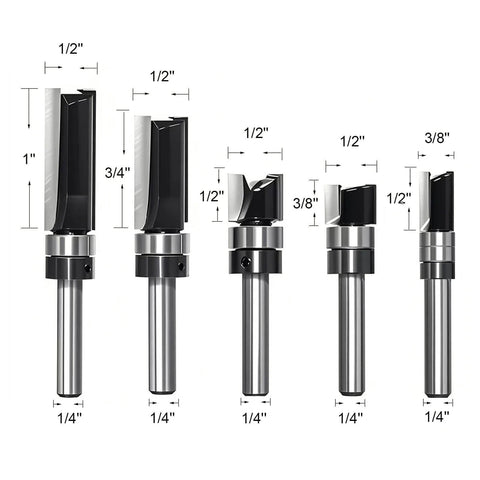 Five Piece Top Bearing Flush Trim Router Bit Set With Carbide Tipped 1/4 Inch Shank For Pattern And Template Routing Engraving And Edge Trimming Pro Grade With Five Sizes 1/4 By 3/8 By 1/2, 1/4 By 1/2 By 3/8, 1/4 By 1/2 By 1/2, 1/4 By 1/2 By 3/4, 1/4 By