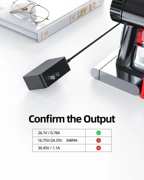 26.1V Charger For V8 V7 V6 Cordless Vacuum Cleaners, Fast Safe Charge, Red Green Indicator, plug and outlet displayed with specs