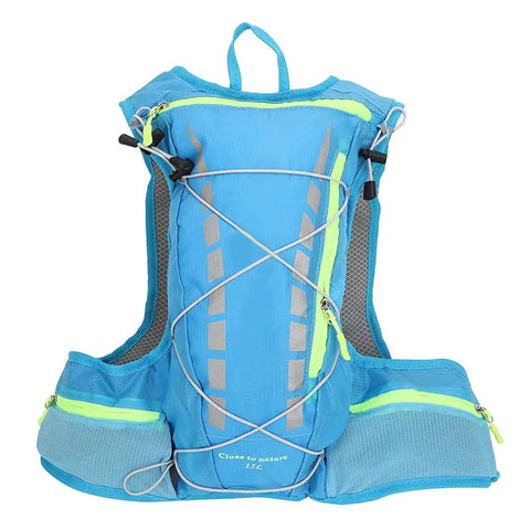 Blue Hydration Pack for Cyclists and Runners, Lightweight 600D Polyester Rucksack, double-stitched seams, front view.