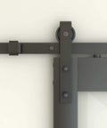 Close-up of rail system for 48 Inch By 84 Inch 5 Lite Tempered Frosted Glass Sliding Barn Door With Black Finish Composite Interior Hardware Kit And Rail System Left Or Right Mount Easy Assembly Dope Modern Farmhouse Vibe.