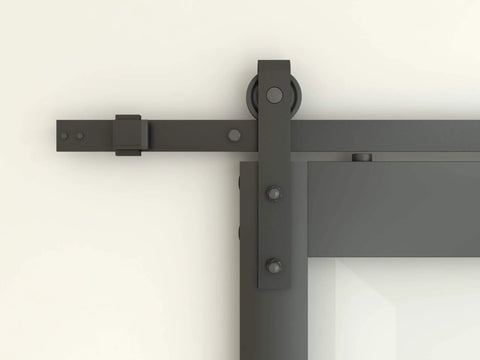 Close-up of rail system for 48 Inch By 84 Inch 5 Lite Tempered Frosted Glass Sliding Barn Door With Black Finish Composite Interior Hardware Kit And Rail System Left Or Right Mount Easy Assembly Dope Modern Farmhouse Vibe.
