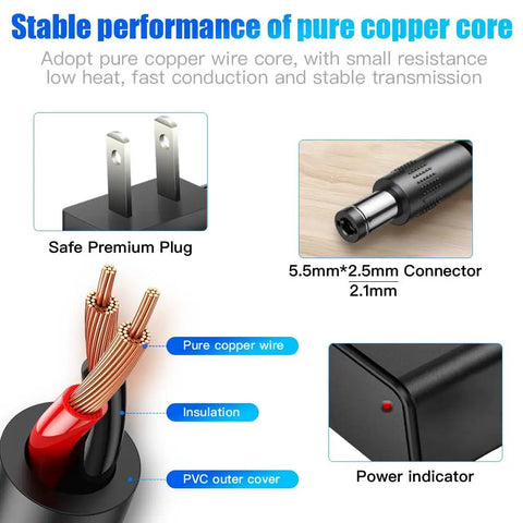 12V 0.5A DC Power Supply Adapter For CCTV Surveillance Systems And LED Strip Lights 6W Universal AC To DC Converter 100V To 240V Input With 5.5x2.5mm Center Positive Plug 3ft Cord showing copper core, plug, and connector details.