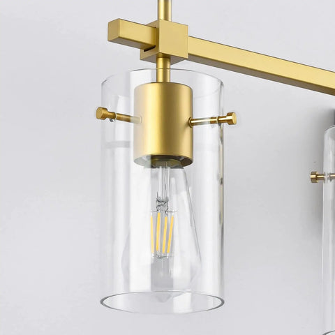Close-up of the Gold Three Light Bathroom Vanity Fixture Set For Mirror And Wall Sconce, clear glass shade, easy installation feature.
