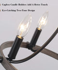 Detail of candle-shaped bulbs on Wagon Wheel Black Farmhouse Chandelier With 4 Lights, showcasing a two-tone rustic design.