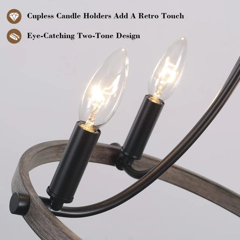 Detail of candle-shaped bulbs on Wagon Wheel Black Farmhouse Chandelier With 4 Lights, showcasing a two-tone rustic design.