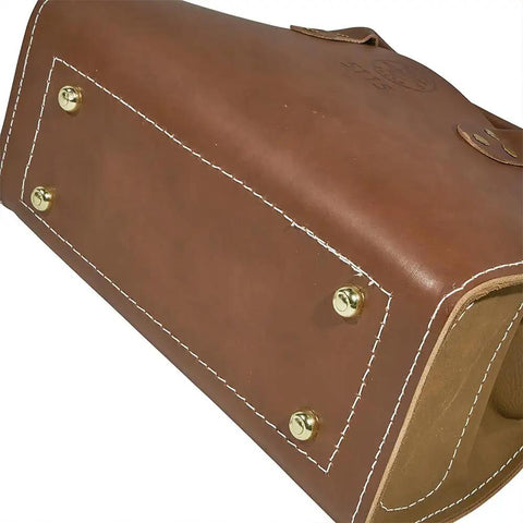 Close-up of Heavy Duty Leather Tool Tote Bag With Double Ply Bottom And Steel Studs Stitched And Riveted Construction Reinforced Ends