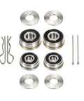 8 Inch Windmill Bearing Repair Kit For Lawn And Garden Fans With Two Bearing Sizes 1/2 In ID By 1 3/8 In OD And 3/8 In ID By 1 1/4 In OD Includes Bearings Stainless Flanges Pins And Washers For DIY Windmill Maintenance laid out on white background