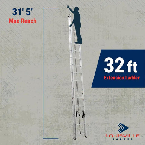 32 Foot Aluminum Extension Ladder With 300 Pound Load Capacity Type IA For Heavy Duty Home And Jobsite Use AE2232 Lightweight Yet Beefy And Easy To Tote For Quick Climb. 32 ft extension ladder with worker silhouette and 31'5" max reach