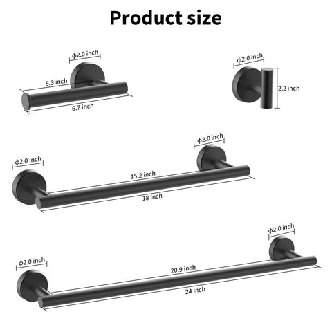 Product size dimensions of Matte Black 10 Piece Bathroom Hardware Set With 24 Inch Towel Bar 18 Inch Towel Rack Robe Hook And Toilet Paper Holder For Wall Mounted Easy Install Sleek Stainless Steel Accessories