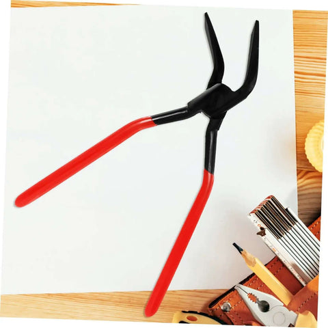 Seam Metal Bender Tool Hand Seamer Pliers with red handles on wooden desk top, ideal for sheet metal bending and flattening