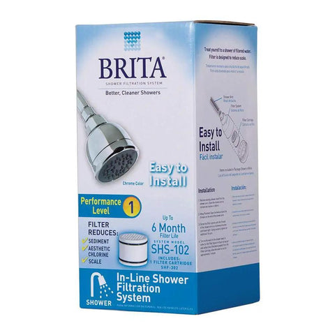 Packaging of Chrome Inline Shower Filtration System with a no brainer install, reduces chlorine, sediment, and scale, lasts up to six months