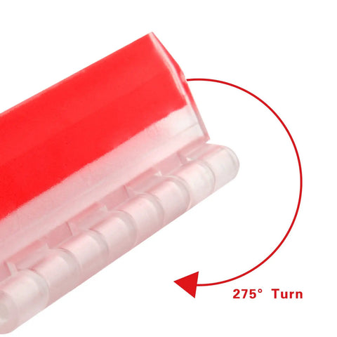 Close-up of a Two Piece 12 Inch Transparent Acrylic Hinge with a 275° turn demonstration and red detail.
