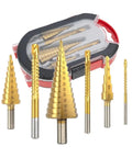 Heavy Duty Titanium Step Drill Bit Kit With 6 Sizes For Metal Woodworking Includes Precision Multi Size Hole Cutter Set Perfect For Core Milling And Clean Drilling Tasks Every Time. 6-piece set in case