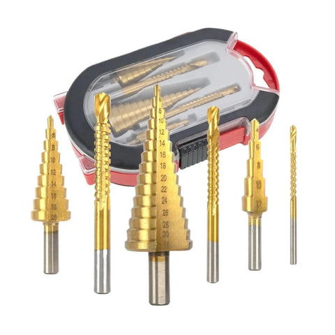 Heavy Duty Titanium Step Drill Bit Kit With 6 Sizes For Metal Woodworking Includes Precision Multi Size Hole Cutter Set Perfect For Core Milling And Clean Drilling Tasks Every Time. 6-piece set in case