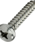 Close-up of self tapping sheet metal screw, pan head, stainless steel, part of Self Tapping Sheet Metal Screws Kit Three Quarter Inch Pan Head Stainless Steel, 2500 Pack, Tough As Nails Fasteners For Auto DIY Projects, Rust Resistant, Versatile Metal Panel Screws For Indoors And Outdoors.