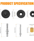 Metal RC Transmission Gear Set With Shaft And Motor Gear Upgrade dimensions and components for Axial SCX24 shown.