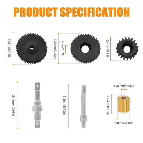 Metal RC Transmission Gear Set With Shaft And Motor Gear Upgrade dimensions and components for Axial SCX24 shown.