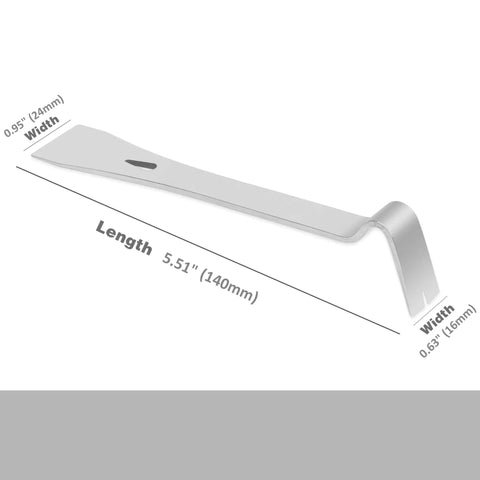 Seven Eighths Inch Wide Mini Stainless Steel Pry Bar With Flat End For Nail Pulling And 18 Gauge Brad Removal Handy For Small Nails Premium Japanese Stainless Steel 420J2 Made In Taiwan shown with dimensions.