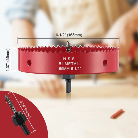 Six Point Five Inch Hole Saw With 30 Mm Cutting Depth HSS Bi Metal Pro Grade, red, close-up view with measurements