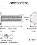 Kickass Super Heavy Duty 304 Stainless Steel Hex Bolts And Nuts 50 Piece Set M18 size chart showing dimensions and components.