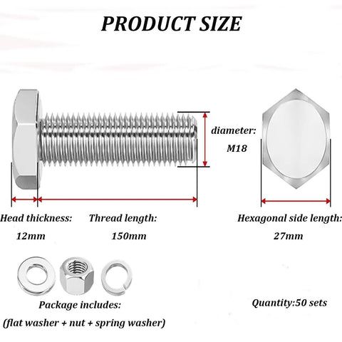 Kickass Super Heavy Duty 304 Stainless Steel Hex Bolts And Nuts 50 Piece Set M18 size chart showing dimensions and components.
