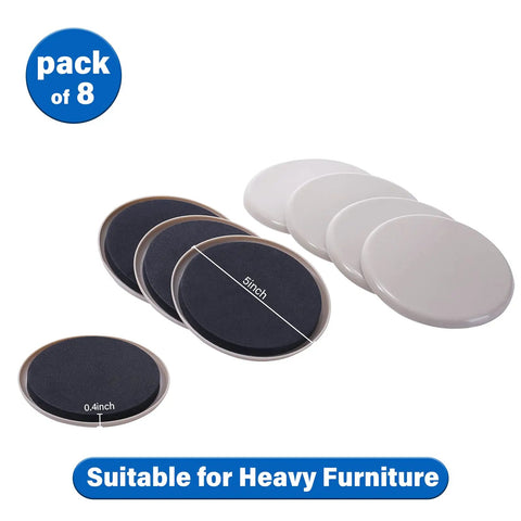 Pack of 8 heavy duty carpet furniture sliders, 5 inch round moving pads for big furniture, reusable glide pads to protect floors.