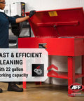 Heavy Duty 40 Gallon Parts Washer With 22 Gal Tank Capacity And Flexible Spray Wand, shown with lid open for easy access.