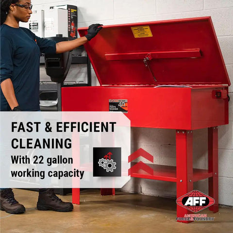 Heavy Duty 40 Gallon Parts Washer With 22 Gal Tank Capacity And Flexible Spray Wand, shown with lid open for easy access.