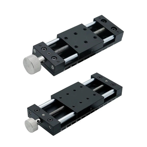 Manual XY Axis Motion Stage Cross Slide Table With Stainless Steel Build Rock Solid Linear Motion Guides Effective Travel 40mm By 60mm Triangular Lead Screw Precision Sliding Platform Single Piece XKNEJ60, top view showing dual axis controls and black finish.