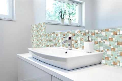 Modern bathroom with Coastal Beach Glass Stone Mosaic Tile in Lake Green White and Sandstone Shell accents on backsplash.