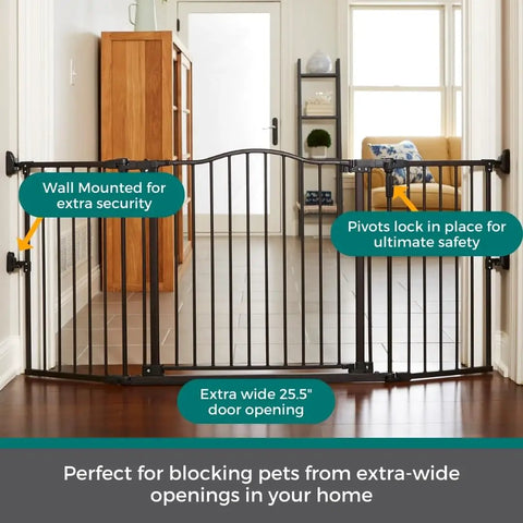 Extra Wide Windsor Arch Walk-Through Pet Gate 38.3 To 72 Inches Wide, 30 Inches Tall, Hardware Mounted, Matte Bronze in hallway