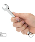Hand holding 1/2 inch wrench from 19 Piece Angled Open End Combination Wrench Set For Tight Spaces From Quarter Inch To One And One Quarter Inch