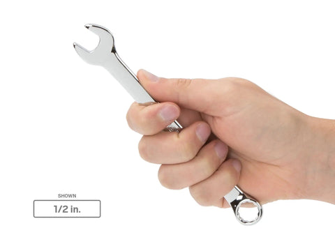 Hand holding 1/2 inch wrench from 19 Piece Angled Open End Combination Wrench Set For Tight Spaces From Quarter Inch To One And One Quarter Inch