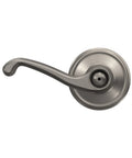 Flair Door Lever Privacy Lock For Bedroom And Bathroom Satin Nickel Finish, side view of handle and emergency pin key hole.