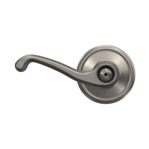 Flair Door Lever Privacy Lock For Bedroom And Bathroom Satin Nickel Finish, side view of handle and emergency pin key hole.
