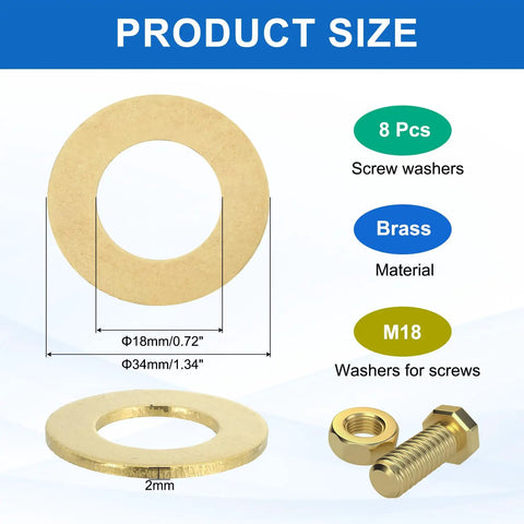 Dead Nuts Tight Brass Flat Washers 8 Pack 18Mm Hex Bolt Hardware Kit for Automotive showing dimensions and details of washers.