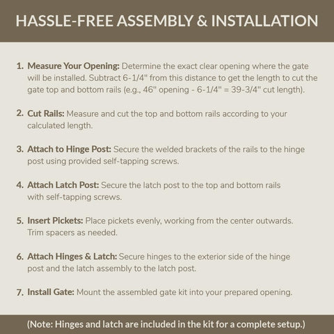 Instructions for assembling the Adjustable Aluminum Deck Gate Kit In White for one and a half inch pickets.