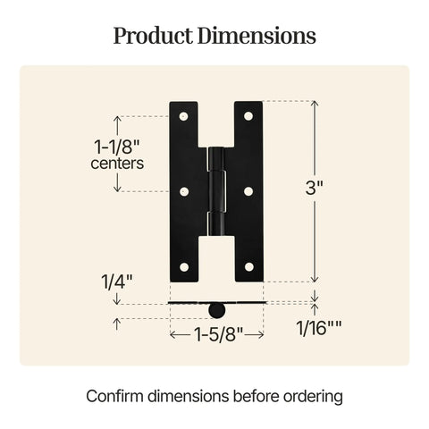 Flat Black H Hinges For Cabinet Doors Flush Mount Pack Of 2 3 In By 1-5/8 In Steel With Black Finish 1/4 In Knuckle Projection 1-1/8 In Center 1/16 In Hinge Projection Easy Install dimensions diagram