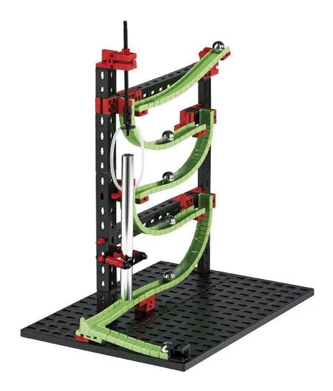 Dynamic M Set With 515 Parts For Four Buildable Models, Rotary Funnel, Sound Tubes, Cross Over, Five 90 Degree Curves, Steel Balls For Melodic Tones, Manual Chain Lift, A Solid STEM Toy Your Kids Will Totally Love black and green marble run with steel balls