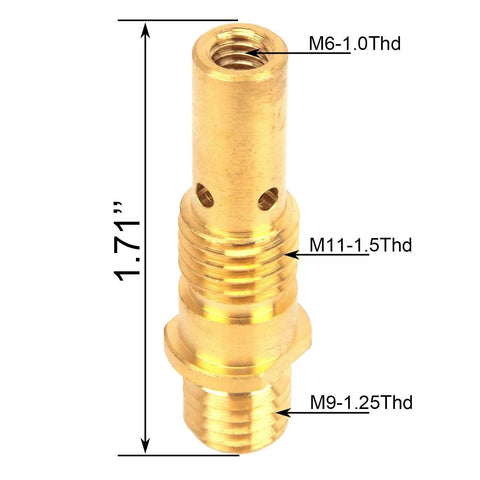 Detailed view of brass gas diffuser with measurements and threads for 0.035 Inch MIG Welding Gun Accessory Kit.