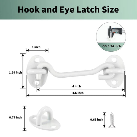 Sturdy White Barn Door Hook And Eye Latch Pair For Quick Privacy Setup Smooth Curved Design sizes including 4 inch latch.