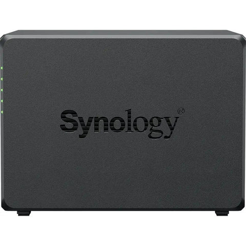 Top Shelf Network Attached Storage Server With Snappy Intel Celeron Chip, Six Gigabytes Ram, Sixteen Terabyte Hard Drive, One Terabyte Nvme Drive, Dual Gigabit Ethernet Port, And Zero Hassle Home Backup Setup, front view of Synology unit.