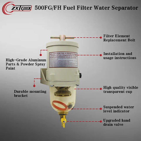 Diesel Fuel Filter Water Separator for Boats and Trucks, Copper Manual Drain Valve, 60 GPH Flow, labeled parts, transparent cup