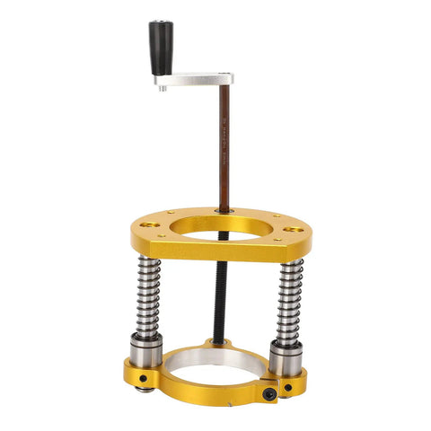 Heavy Duty Aluminum Router Table Lift System With Precision Handle Hassle Free Height Tuning For Woodworking Crews Fits 64 To 66 Millimeter Motors showing the hand crank control and springs.