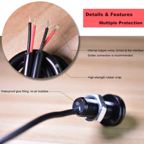 Universal Amber LED Front Grille Marker Lights with Projector Lens showing copper wires, rubber wrap, and waterproof glue details.